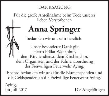 Traueranzeigen Von Anna Springer Trauer Merkur De