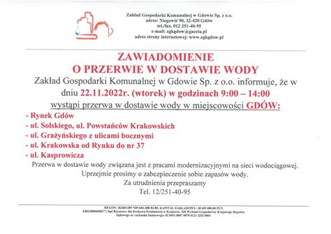 22 11 2022 przerwa w dostawie wody w Gdowie Gmina Gdów