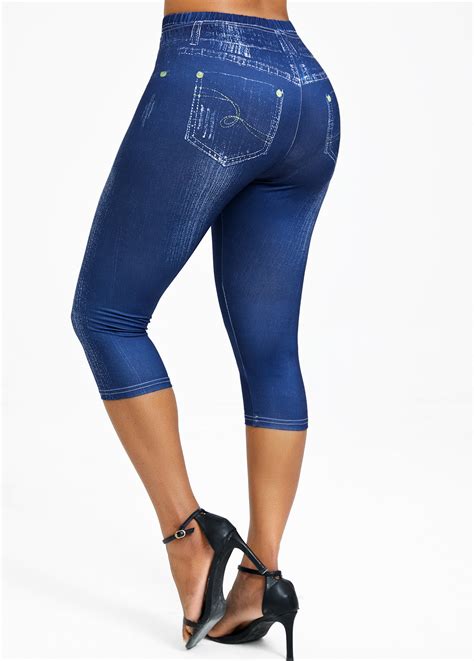 Denim Effect Print Denim Blue High Waisted Elastic Waist Leggings