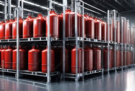 Racks of liquid container stored in industry warehouse storage of ...