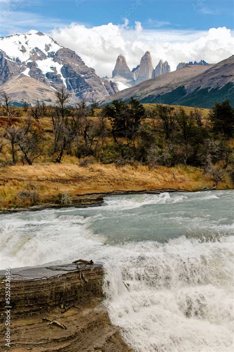 The peaks of Paine Grande, Cuernos and Torres del Paine Stock Photo ...