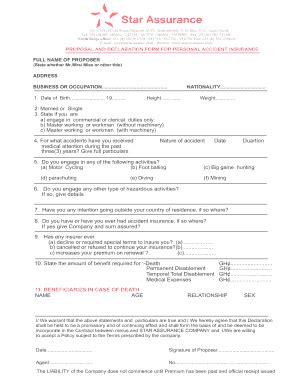 Fillable Online PROPOSAL AND DECLARATION FORM FOR PERSONAL ACCIDENT Fax