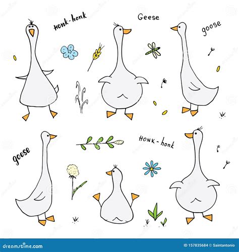 Goose Doodles Set Cute Geese Sketch Stock Vector Illustration Of