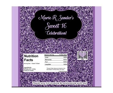 Purple Glitter Sweet 16 Candy Bar Wrappers | Party Print Express