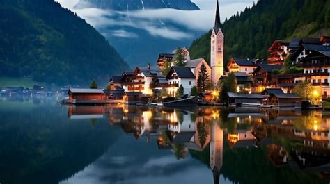 Premium Photo | Hallstatt village on the lake at night Austria Europe