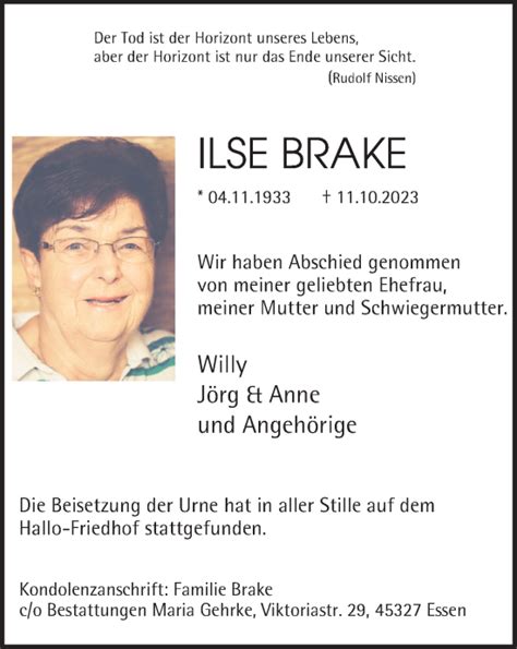 Traueranzeigen Von Ilse Brake Trauer In Nrw De