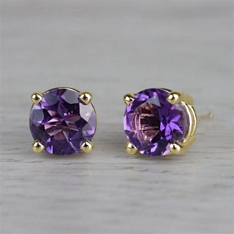 Amethyst Round Gemstone Stud Earrings In Yellow Gold 6 4 Mm