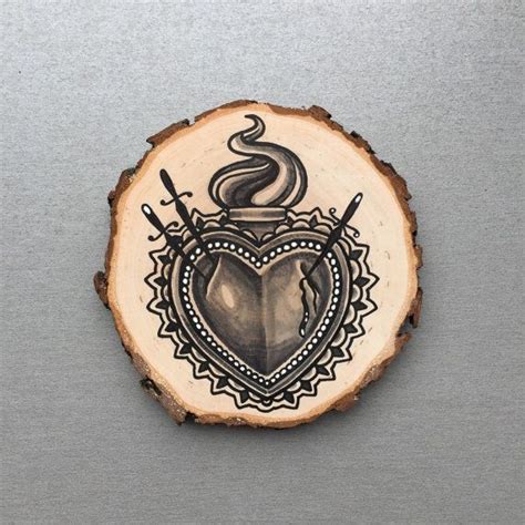 Wood Slice With An Original Drawing Of A Sacred Heart Tattoo Style