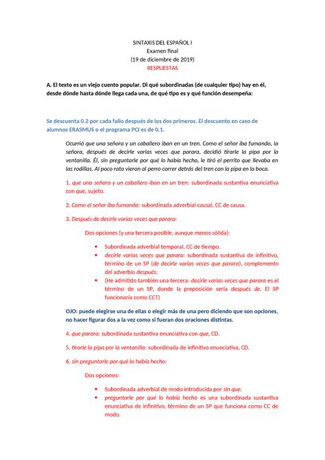 Examen de diciembre con respuestas SINTAXIS DEL ESPAÑOL I Examen