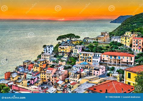 Castle of Riomaggiore at Sunset - Cinque Terre, Italy Stock Photo ...