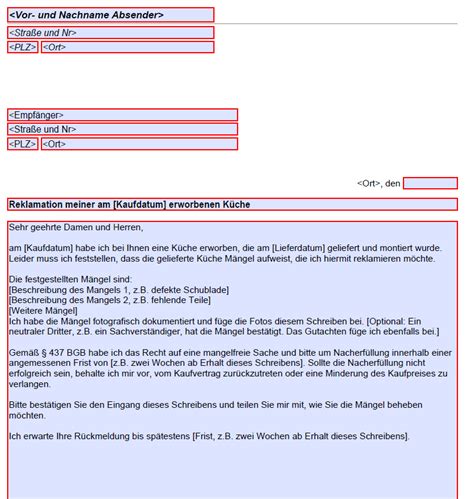 Reklamation Ihrer neuen Küche Musterbrief als PDF Vorlage nutzen