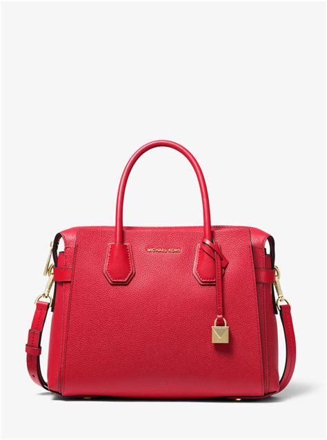 Michael Kors Mercer Medium Pebbled Leather Belted Satchel In Bright Red