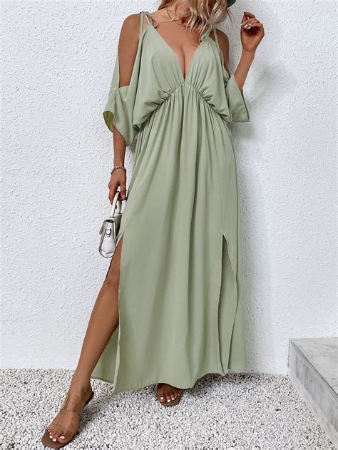 Shein Vcay Knot Shoulder Cut Out Batwing Sleeve Split Thigh Dress