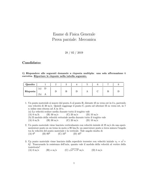 Compitino Meccanica Esame Di Fisica Generale Prova Parziale