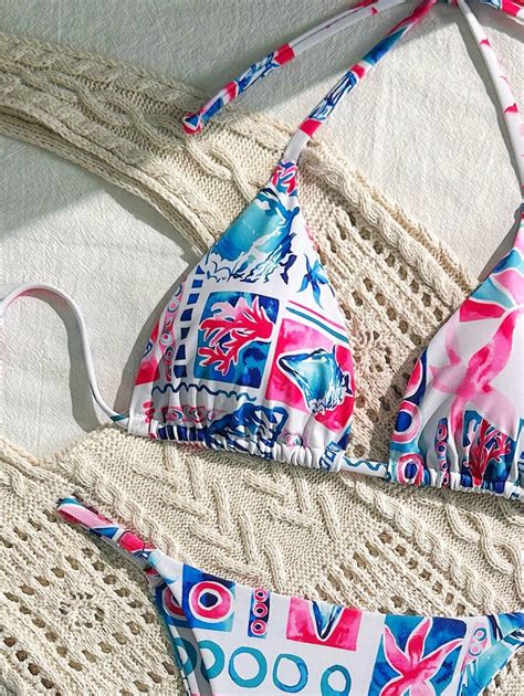 2pcs Set Women Springbreak Printed Spaghetti Strap Top And Thong Bikini Swimsuit Set Cute