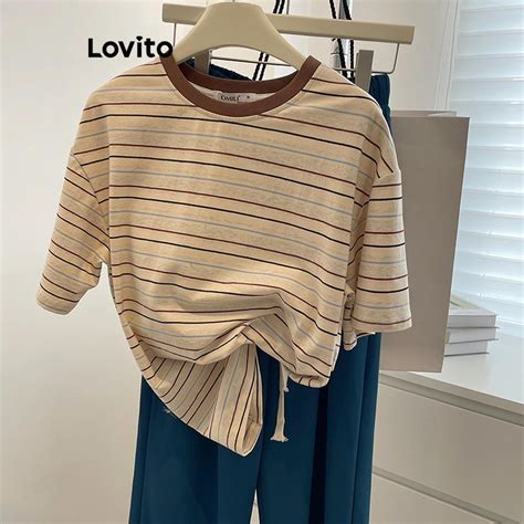 Lovito Women Casual Striped Contrast Binding T Shirt Lne Shopee