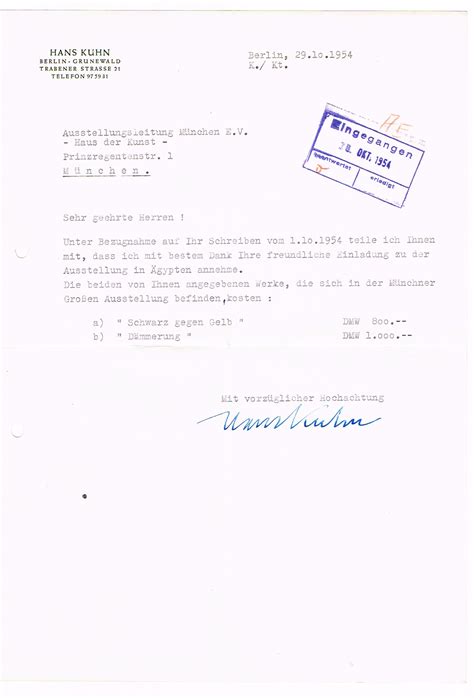 Ms Brief Mit Eigenh Unterschrift Von Kuhn Hans Maler Grafiker Und