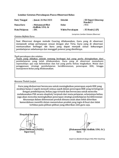 3 Lembar Catatan Percakapan Pasca Observasi Kelas M Fikri Abd Pdf