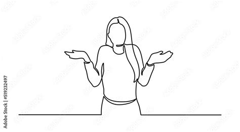 Continuous Line Drawing Of Young Woman Spread Her Hand And Shrugging