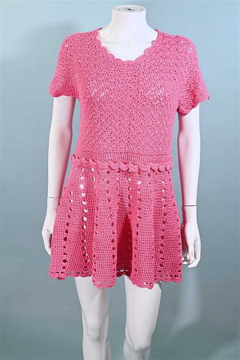 Vintage 60s Mod Hot Pink Crochet Mini Dress Gem