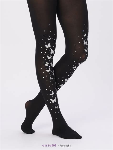 Black Fairy Tights With Silver Glitter Butterfly And Rhinestonessemi Opaque Black Tights With