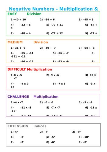 Negative Numbers With Multiplication And Division Differentiated Teaching Resources