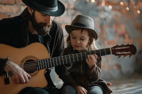 Una Encantadora Ni A Aprende A Tocar La Guitarra De Un Miembro De La