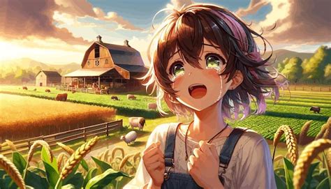 Premium Vector | Anime girl crying of happiness in sunny farm landscape ...