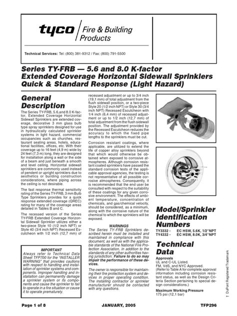 Series Ty Frb 5 6 And 8 0 K Factor Extended Coverage Horizontal Sidewall Sprinklers Quick