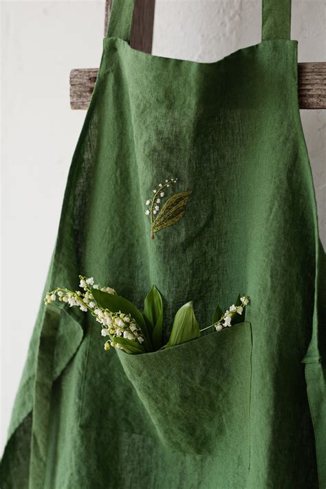 Apple Green Traditional Apron Linen Apron Hand Embroidery Kitchen