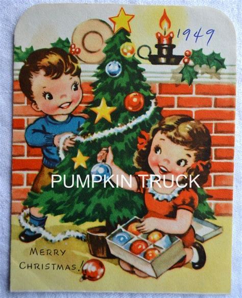 An Old Fashioned Christmas Card With Two Children Decorating A Tree