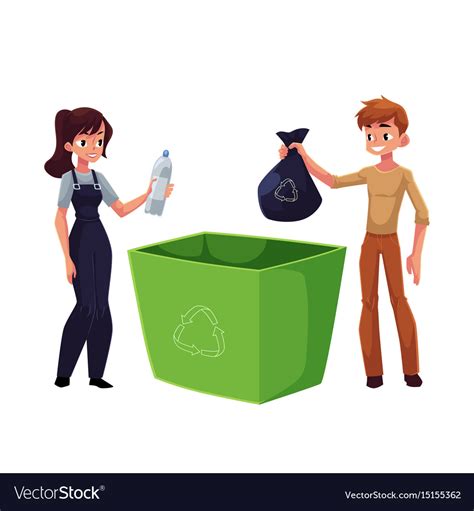 Man Woman Putting Garbage Into Trash Bin Waste Vector Image