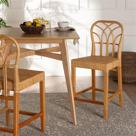 Bali And Pari Monaco Modern Bohemian Natural Rattan And Mahogany Wood Counter Stool On Sale