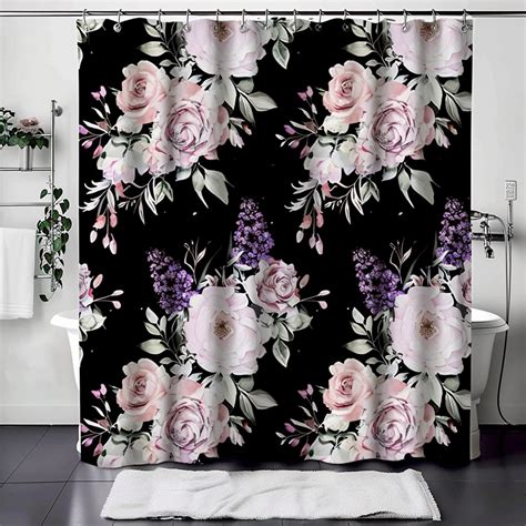 Black And White Floral Shower Curtain With Pink Roses Purple Flowers