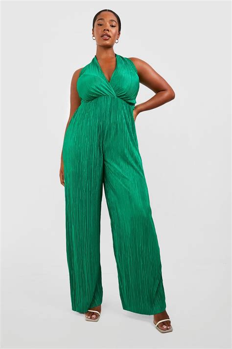 Plus Plisse Halterneck Wide Leg Jumpsuit Boohoo Uk