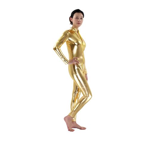 Female Golden Leotard Costume Shiny Metallic Tight Zentai Bodysuit Halloween Costume Custom Made