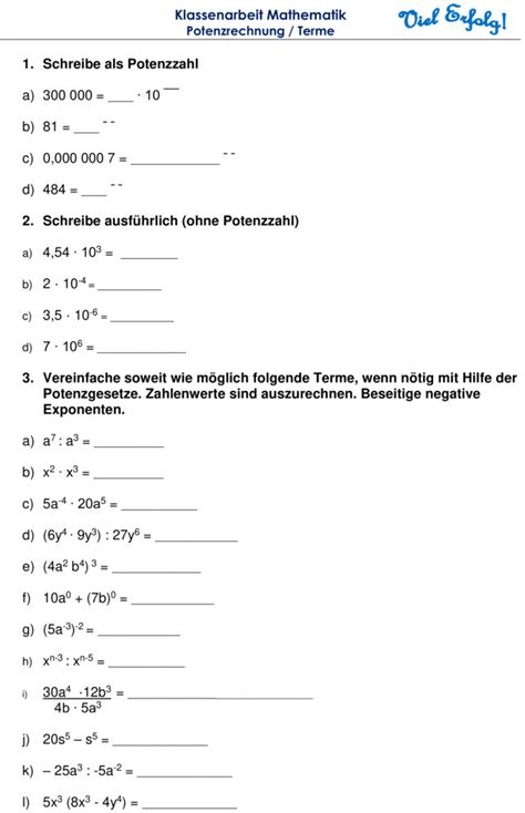 Klassenarbeit Zu Potenzrechnung