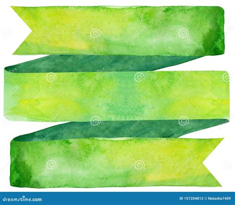 Watercolor Vintage Green Ribbon Hand Painted Banners Isolated On White