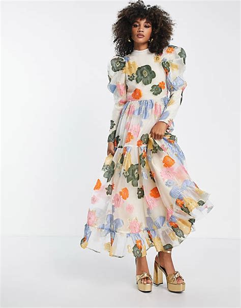 Dream Sister Jane Puff Sleeve Maxi Dress In Rainbow Floral Jacquard Asos