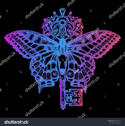 Esoteric Neon Butterfly Key Tattoo Art Stock Vector (Royalty Free ...