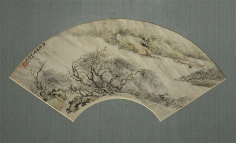 A FINE CHINESE FAN PAINTING, 19th century, depicting a wind swept ...