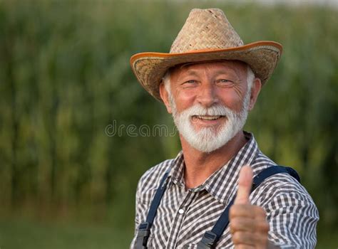 Portrait Old Farmer White Beard Overall Straw Hat Corn Field Stock ...