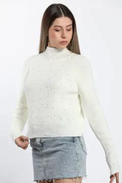 Yarım Balıkçı İncili Crop Top Triko Kazak Krem 1167533 tozlu