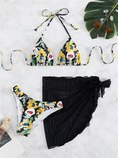 Bañador bikini triángulo halter con estampado floral con falda de playa