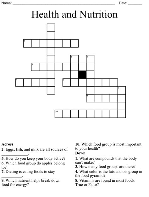 Health And Nutrition Crossword Wordmint