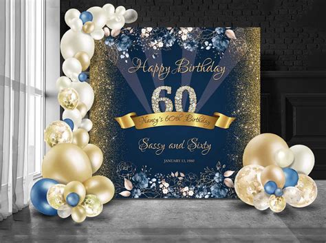 60th Birthday Backdrop Party Navy Blue and Gold