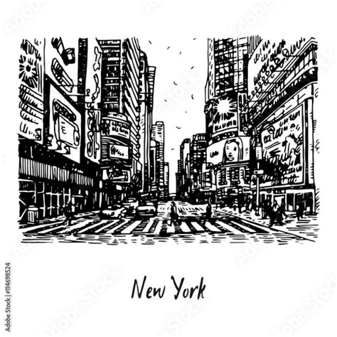 Times Square In New York Usa Sketch By Hand Vector Illustration