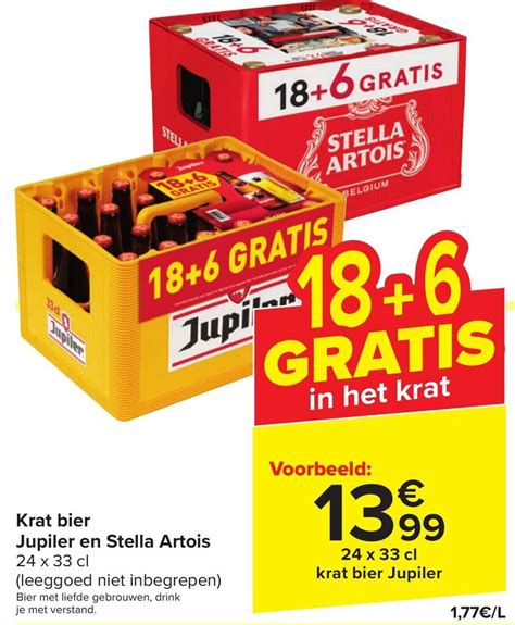 Krat Bier Jupiler En Stella Artois 24 X 33 Cl Promotie Bij Carrefour Market