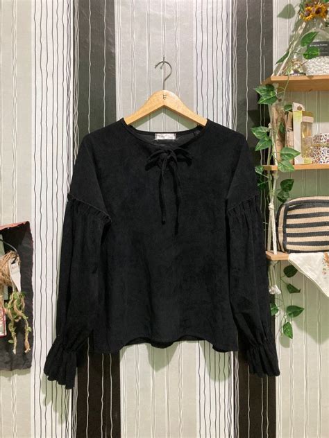 Premium Suede Blouse Ruffle Puffy Korean Top Tangan Ngebalon Layer