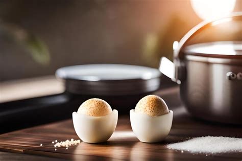 Premium Photo Two Eggs On A Wooden Table With A Pan On The Top